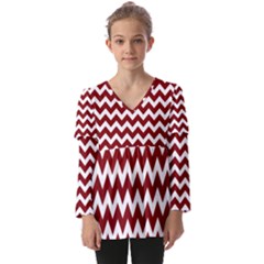 Red Chevron Pattern Gifts Kids  V Neck Casual Top by GardenOfOphir