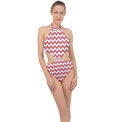 Coral Chevron Pattern Gifts Halter Side Cut Swimsuit by GardenOfOphir