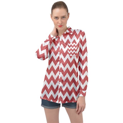 Coral Chevron Pattern Gifts Long Sleeve Satin Shirt by GardenOfOphir