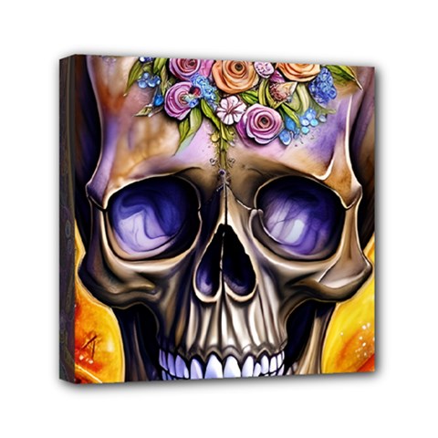 Skull With Flowers - Day Of The Dead Mini Canvas 6  X 6  (stretched) by GardenOfOphir