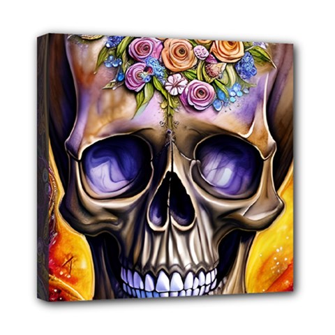 Skull With Flowers - Day Of The Dead Mini Canvas 8  X 8  (stretched) by GardenOfOphir