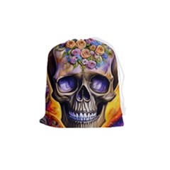 Skull With Flowers - Day Of The Dead Drawstring Pouch (medium) by GardenOfOphir