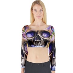 Skull With Flowers - Day Of The Dead Long Sleeve Crop Top by GardenOfOphir