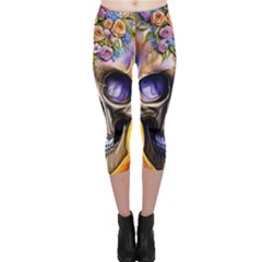 Skull With Flowers - Day Of The Dead Capri Leggings  by GardenOfOphir