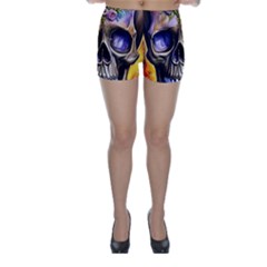 Skull With Flowers - Day Of The Dead Skinny Shorts by GardenOfOphir