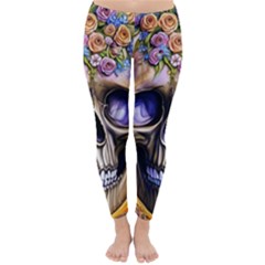 Skull With Flowers - Day Of The Dead Classic Winter Leggings by GardenOfOphir