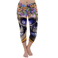 Skull With Flowers - Day Of The Dead Capri Winter Leggings  by GardenOfOphir