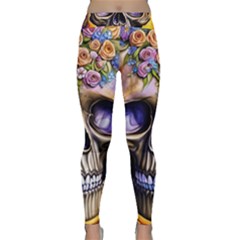 Skull With Flowers - Day Of The Dead Classic Yoga Leggings by GardenOfOphir