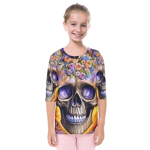 Skull With Flowers - Day Of The Dead Kids  Quarter Sleeve Raglan Tee by GardenOfOphir