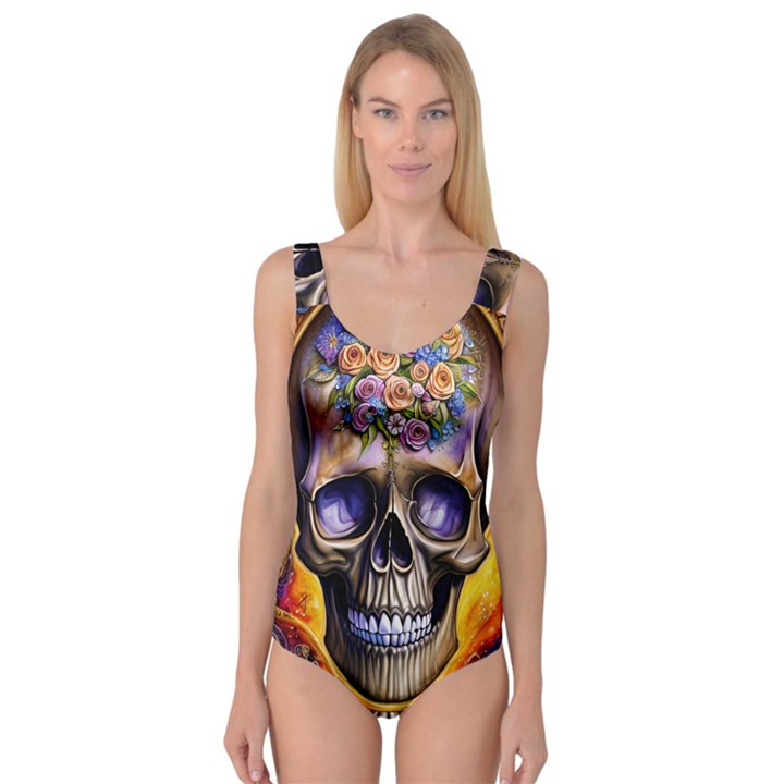 Skull With Flowers - Day Of The Dead Princess Tank Leotard 