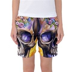 Skull With Flowers - Day Of The Dead Women s Basketball Shorts by GardenOfOphir