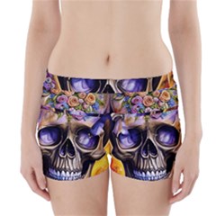 Skull With Flowers - Day Of The Dead Boyleg Bikini Wrap Bottoms by GardenOfOphir