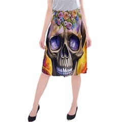 Skull With Flowers - Day Of The Dead Midi Beach Skirt by GardenOfOphir