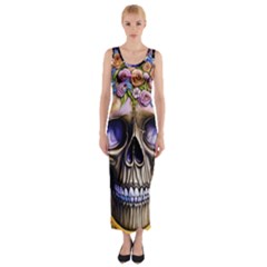 Skull With Flowers - Day Of The Dead Fitted Maxi Dress by GardenOfOphir