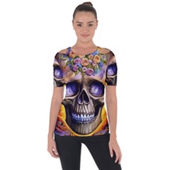 Skull With Flowers - Day Of The Dead Shoulder Cut Out Short Sleeve Top by GardenOfOphir