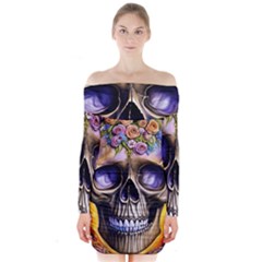 Skull With Flowers - Day Of The Dead Long Sleeve Off Shoulder Dress by GardenOfOphir