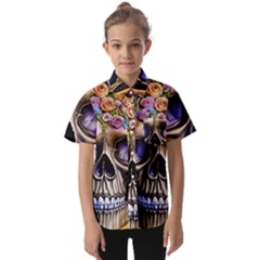 Skull With Flowers - Day Of The Dead Kids  Short Sleeve Shirt by GardenOfOphir