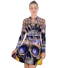 Skull With Flowers - Day Of The Dead Long Sleeve Panel Dress by GardenOfOphir