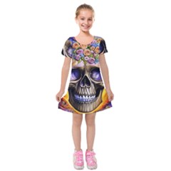 Skull With Flowers - Day Of The Dead Kids  Short Sleeve Velvet Dress by GardenOfOphir