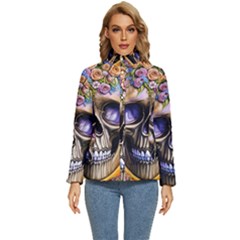 Skull With Flowers - Day Of The Dead Women s Puffer Bubble Jacket Coat by GardenOfOphir