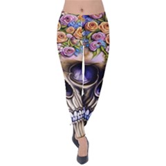 Skull With Flowers - Day Of The Dead Velvet Leggings by GardenOfOphir