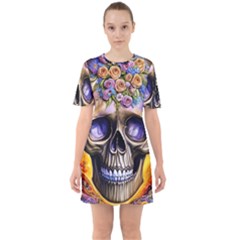 Skull With Flowers - Day Of The Dead Sixties Short Sleeve Mini Dress by GardenOfOphir