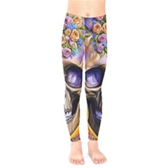 Skull With Flowers - Day Of The Dead Kids  Leggings by GardenOfOphir