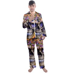 Skull With Flowers - Day Of The Dead Men s Long Sleeve Satin Pajamas Set by GardenOfOphir