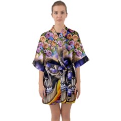 Skull With Flowers - Day Of The Dead Half Sleeve Satin Kimono  by GardenOfOphir