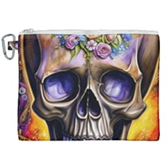 Skull With Flowers - Day Of The Dead Canvas Cosmetic Bag (xxl) by GardenOfOphir