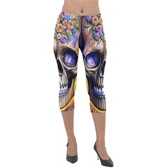 Skull With Flowers - Day Of The Dead Lightweight Velour Capri Leggings  by GardenOfOphir