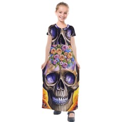 Skull With Flowers - Day Of The Dead Kids  Short Sleeve Maxi Dress by GardenOfOphir