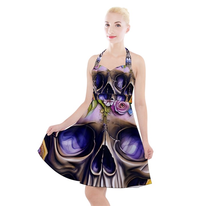 Skull With Flowers - Day Of The Dead Halter Party Swing Dress 