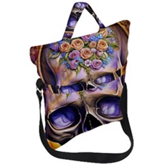 Skull With Flowers - Day Of The Dead Fold Over Handle Tote Bag by GardenOfOphir