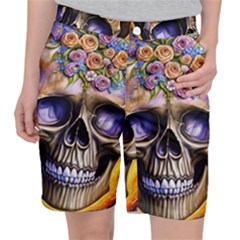 Skull With Flowers - Day Of The Dead Women s Pocket Shorts by GardenOfOphir