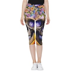 Skull With Flowers - Day Of The Dead Inside Out Lightweight Velour Capri Leggings  by GardenOfOphir