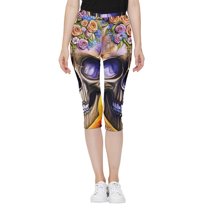 Skull With Flowers - Day Of The Dead Inside Out Lightweight Velour Capri Leggings 