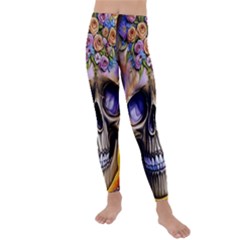 Skull With Flowers - Day Of The Dead Kids  Lightweight Velour Leggings by GardenOfOphir