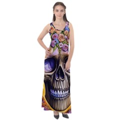 Skull With Flowers - Day Of The Dead Sleeveless Velour Maxi Dress by GardenOfOphir