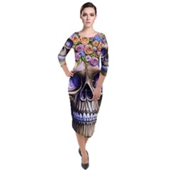 Skull With Flowers - Day Of The Dead Quarter Sleeve Midi Velour Bodycon Dress by GardenOfOphir