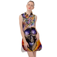 Skull With Flowers - Day Of The Dead Sleeveless Shirt Dress by GardenOfOphir