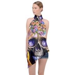 Skull With Flowers - Day Of The Dead Halter Asymmetric Satin Top by GardenOfOphir