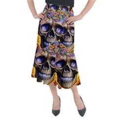 Skull With Flowers - Day Of The Dead Midi Mermaid Skirt by GardenOfOphir