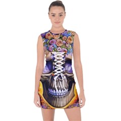 Skull With Flowers - Day Of The Dead Lace Up Front Bodycon Dress by GardenOfOphir