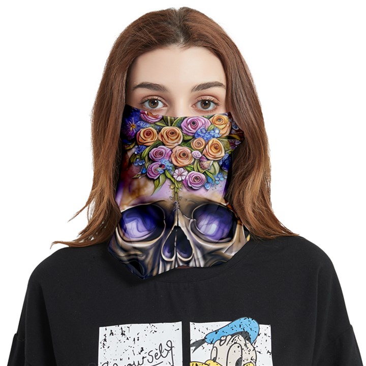 Skull With Flowers - Day Of The Dead Face Covering Bandana (Two Sides)