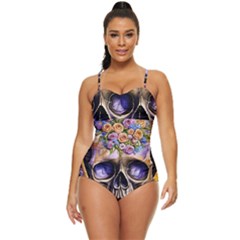 Skull With Flowers - Day Of The Dead Retro Full Coverage Swimsuit by GardenOfOphir