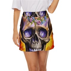 Skull With Flowers - Day Of The Dead Mini Front Wrap Skirt by GardenOfOphir