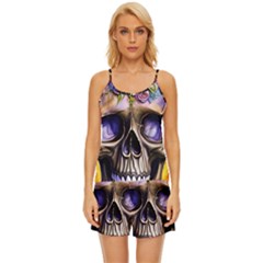 Skull With Flowers - Day Of The Dead Satin Pajama Short Set by GardenOfOphir