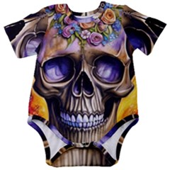 Skull With Flowers - Day Of The Dead Baby Short Sleeve Bodysuit by GardenOfOphir