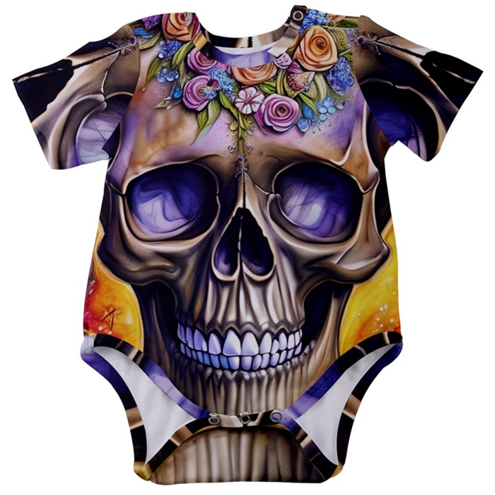 Skull With Flowers - Day Of The Dead Baby Short Sleeve Bodysuit